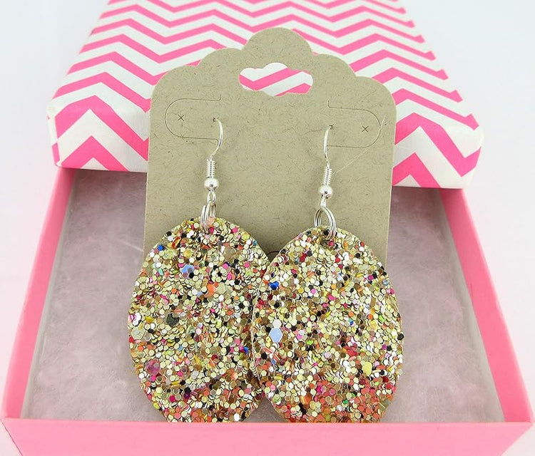 Summerfield Collection Silver-tone Glitter Faux Leather Oval Dangle Earrings (Gold and Rainbow)