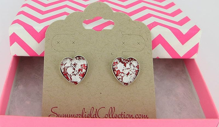 Summerfield Collection Silver-tone Red and White Glitter Glass Heart Stud Earrings Hand-painted