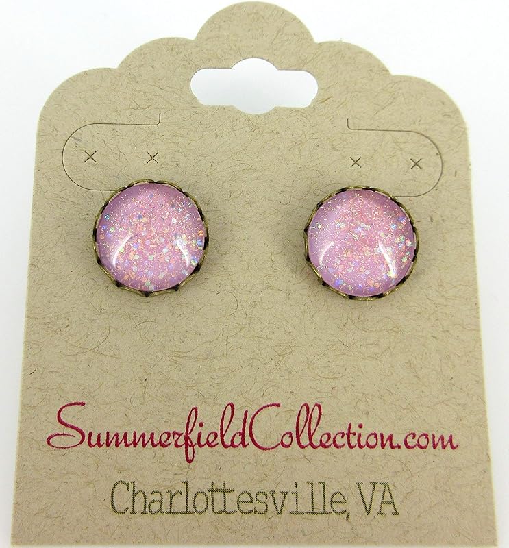 Summerfield Collection Antiqued Gold-tone Lilac Purple Iridescent Glitter Glass Stud Earrings Hand-painted 12mm