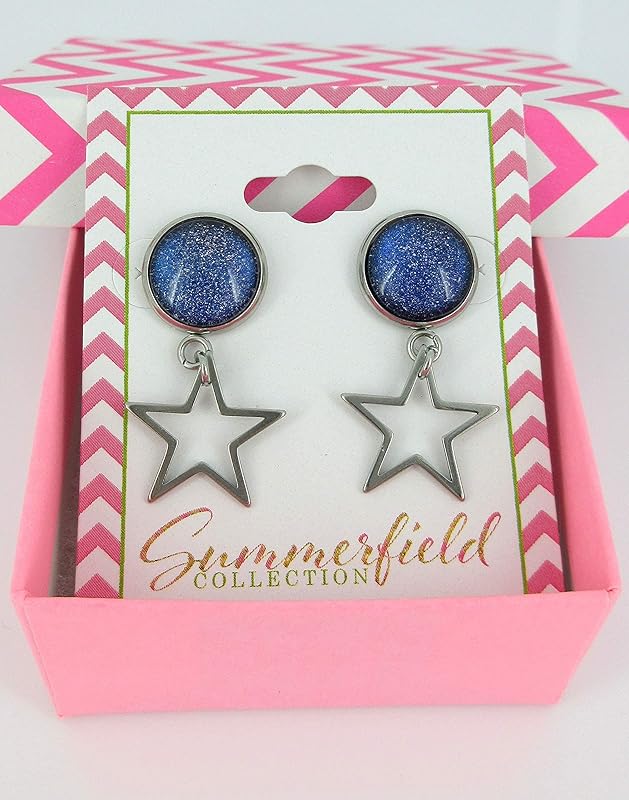Summerfield Collection Stainless Steel Blue Galaxy Glitter Glass Stud and Star Drop Earrings