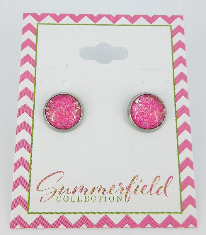 Summerfield Collection Stainless Steel Hot Pink and Iridescent Glitter Glass Stud Earrings Hand-painted 10mm
