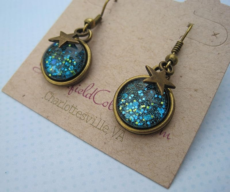 Summerfield Collection Antiqued Gold-tone Ocean Blue Glitter Glass Star Charm Galaxy Dangle Earrings Hand-painted