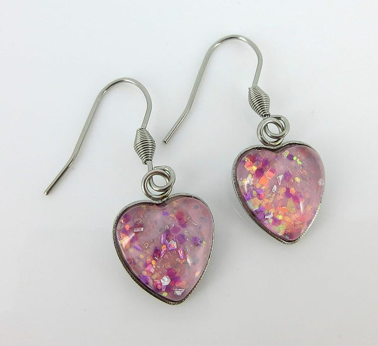 Summerfield Collection Ballet Pink Hand-painted Glass Heart Choker Necklace Faux Black Suede Cord Dangle Earrings Set