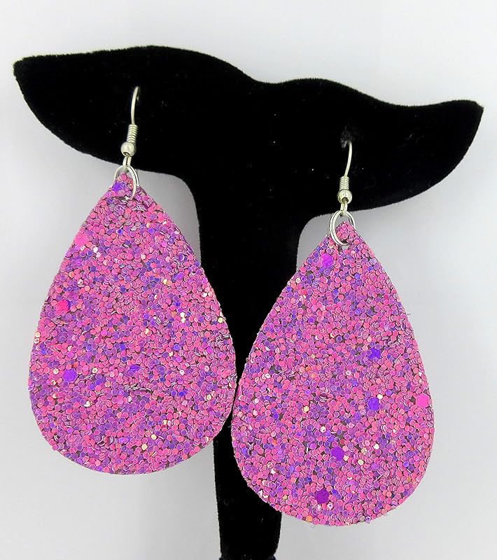 Summerfield Collection Silver-tone Glitter Faux Leather Large Teardrop Dangle Earrings (Magenta)