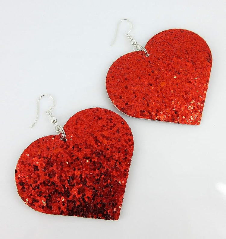 Summerfield Collection Red Glitter Faux Leather Large Heart Dangle Earrings