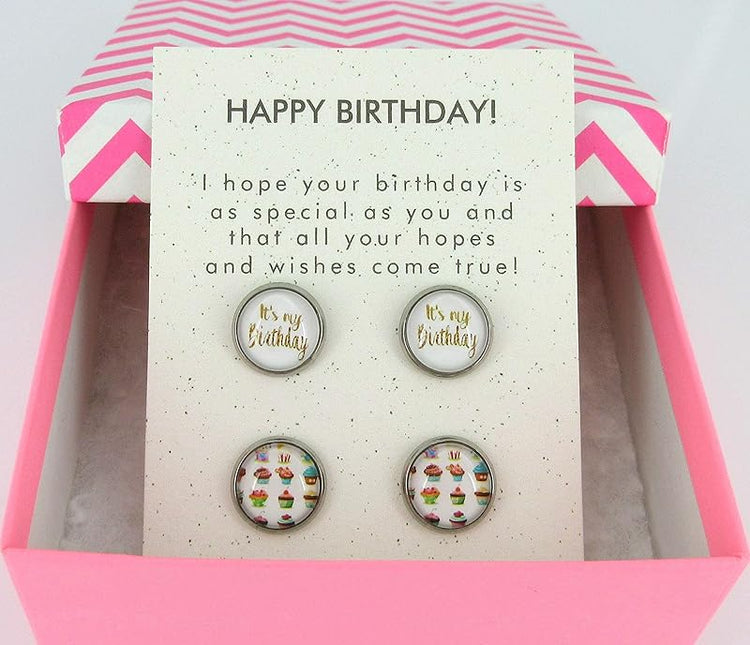 Summerfield Collection Duo Stud Earrings Stainless Steel Happy Birthday and Cupcake Print Glass 12mm Set
