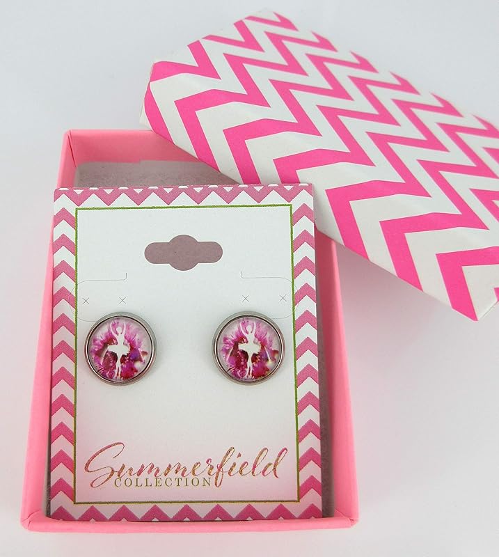 Summerfield Collection Stainless Steel Pink and White Ballet Dancer Printed Glass Stud Earrings 12mm