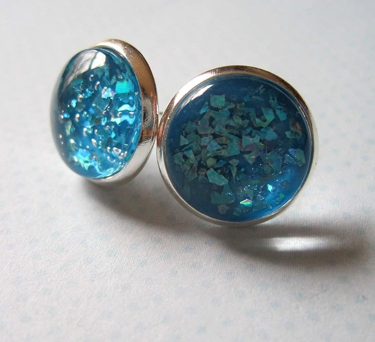 Summerfield Collection Silver-Tone Aqua Blue Shard Glitter Glass Stud Earrings 1/2" Round