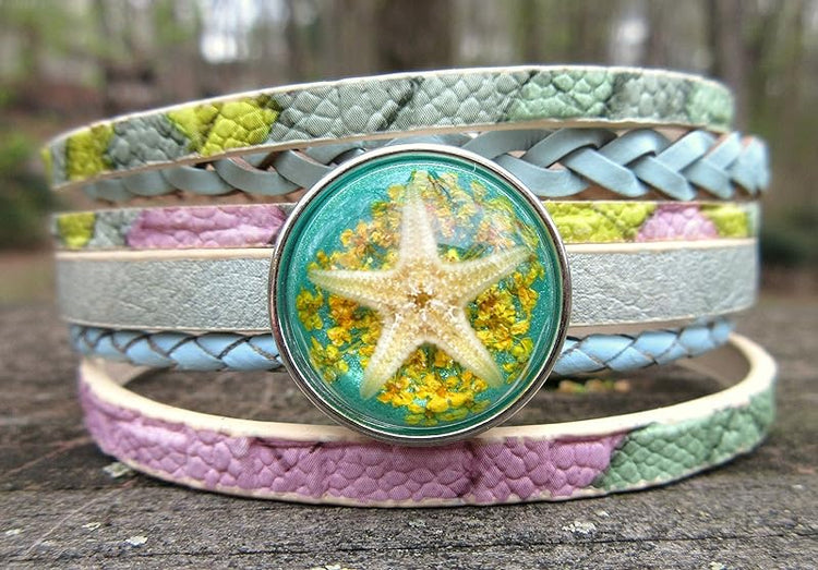 Summerfield Collection Interchangeable Snap Bracelet 3 Charm Set Blue Green Pink Glitter Glass Layered Leather