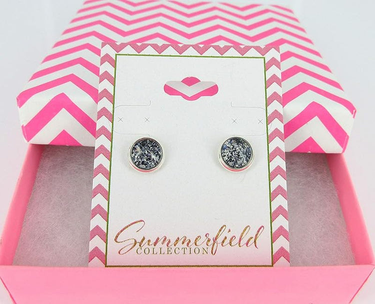 Summerfield Collection Silver-tone Black and Silver Flake Glitter Glass Stud Earrings Hand-painted 8mm