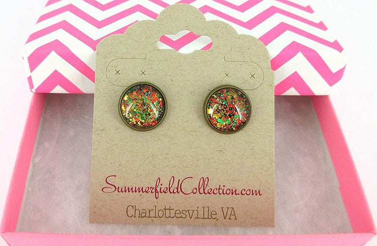 Summerfield Collection Antiqued Gold-tone Christmas Mix Glitter Glass Stud Earrings Hand-painted 12mm