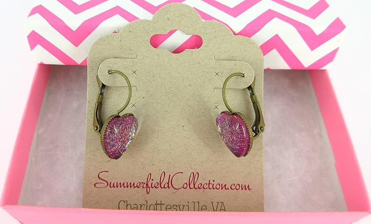 Summerfield Collection Antiqued Gold-tone Berry Iridescent Glitter Glass Heart Drop Earrings Hand-painted