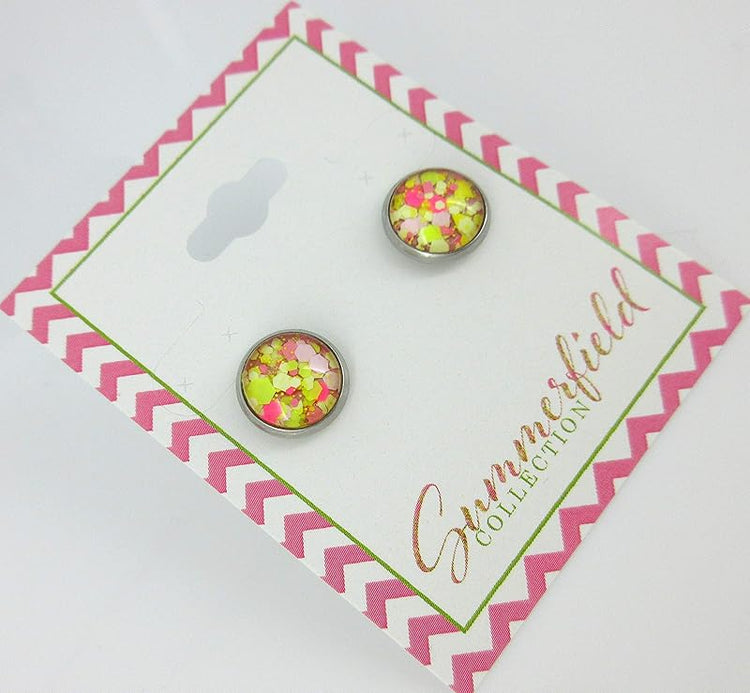 Summerfield Collection Stainless Steel Strawberry Lemonade Glitter Glass Stud Earrings Hand-painted 10mm
