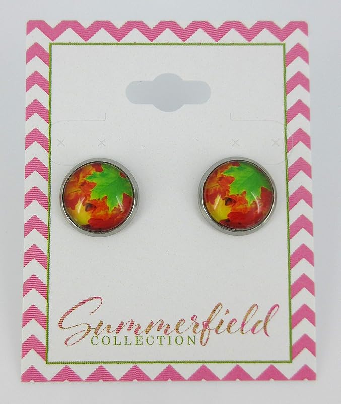 Summerfield Collection Stainless Steel Fall Leaves Green Orange Yellow Print Glass Stud Earrings 12mm