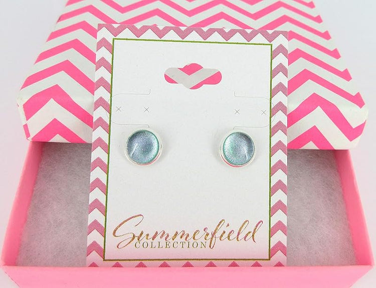 Summerfield Collection Silver-tone Light Blue Purple Pink Color Shift Glitter Glass Stud Earrings Hand-painted 8mm