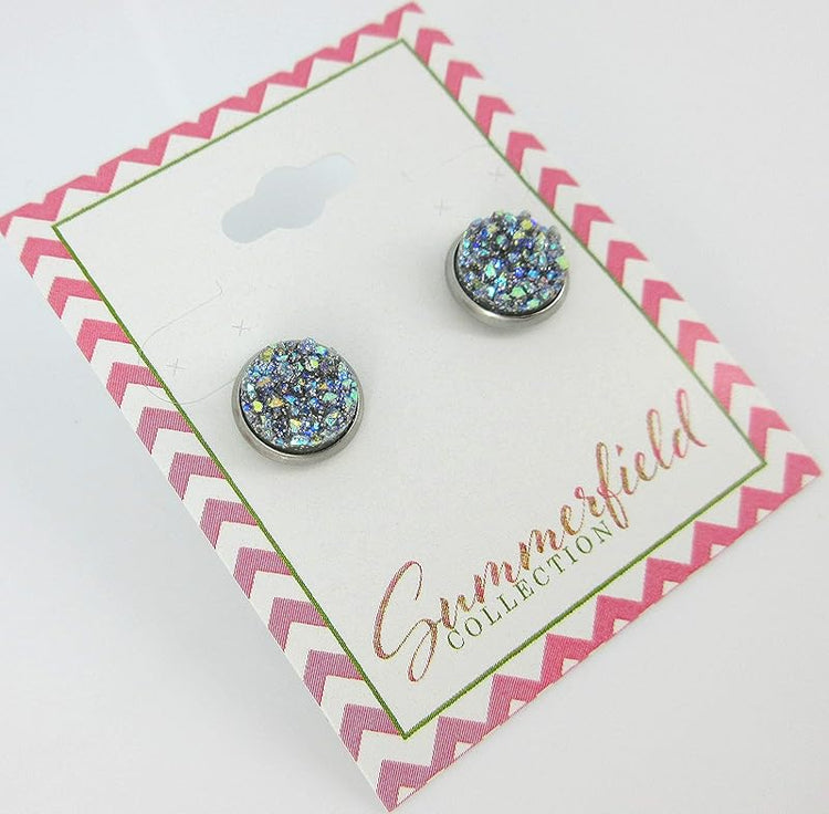 Summerfield Collection Stainless Steel Frost Blue Gray AB Glitter Faux Druzy Stone Stud Earrings (10mm)