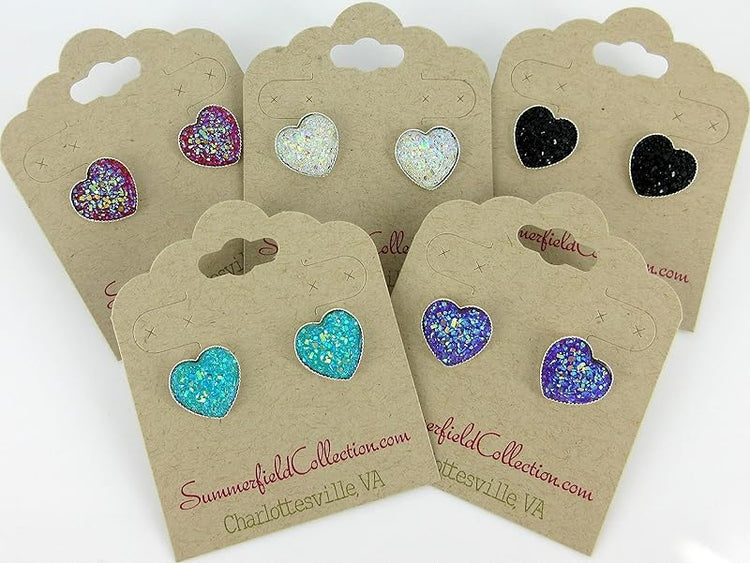 Summerfield Collection Silver-tone Heart Faux Druzy Stone Stud Earrings 12mm (Aqua Blue AB)