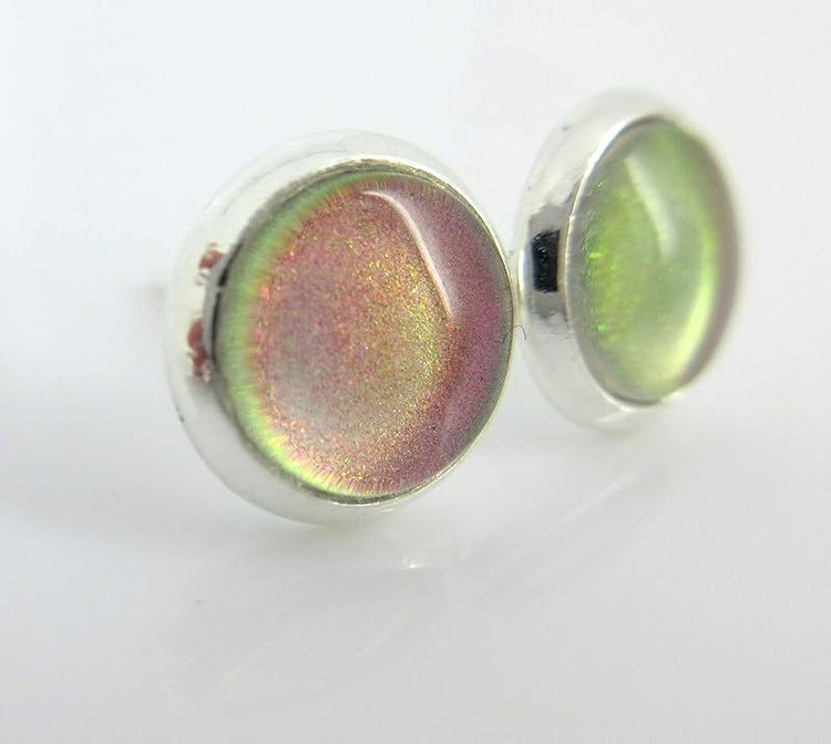 Summerfield Collection Silver-tone Hot Pink Color Shift Glitter Glass Stud Earrings Hand-painted 8mm