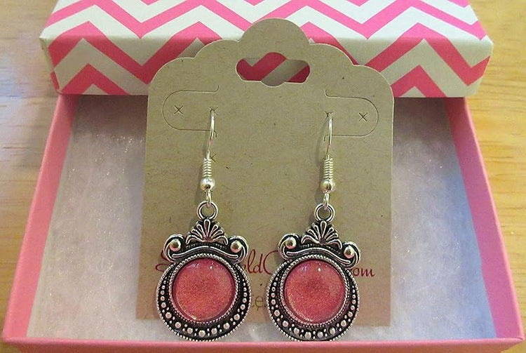 Summerfield Collection Antiqued Silver-tone Pink Shimmer Glitter Glass Dangle Earrings Hand-painted