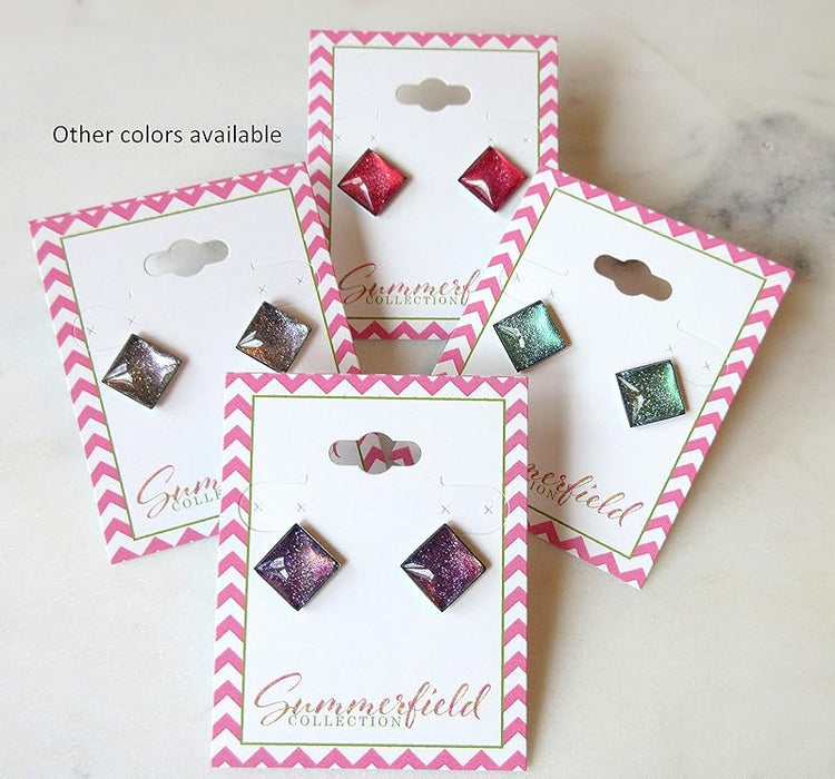 Summerfield Collection Stainless Steel Green and Blue Glitter Glass Stud Earrings Hand-painted Square 10mm