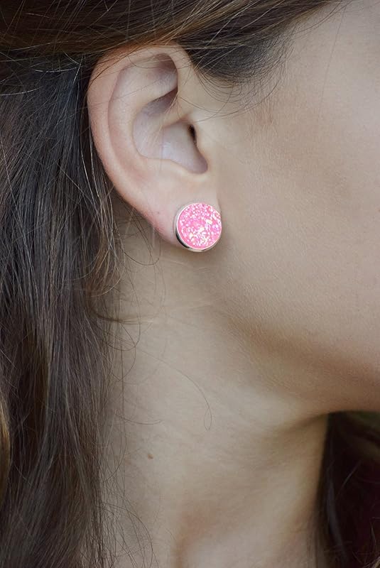 Summerfield Collection Silver-tone Solid AB Faux Druzy Stone Stud Earrings 12mm (Hot Pink)