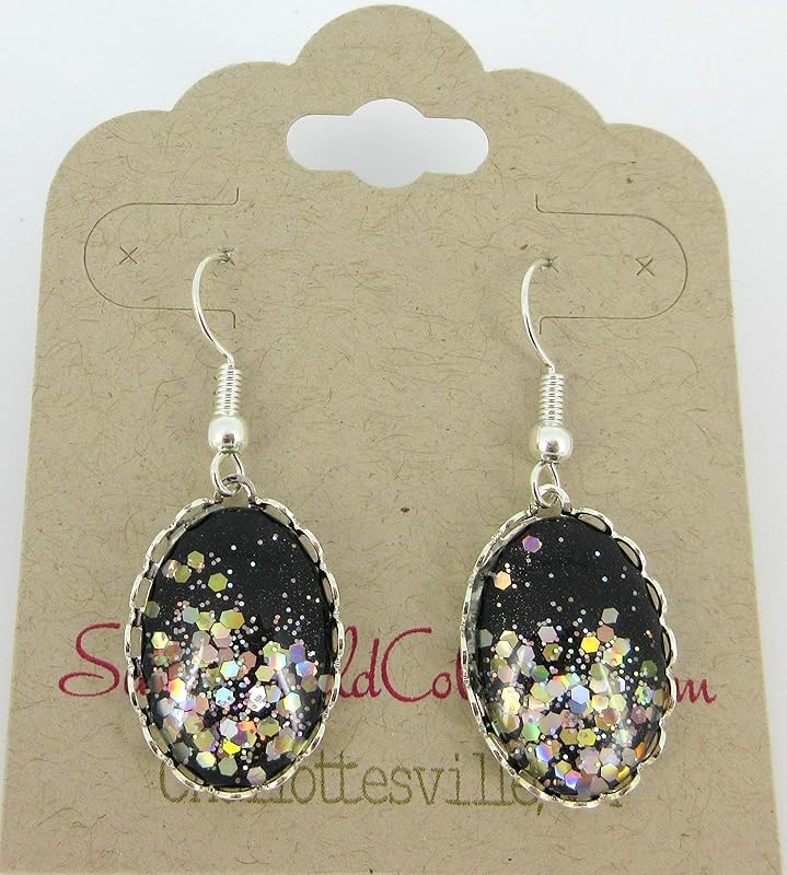 Summerfield Collection Silver-tone Black and Glitter Glass Oval Dangle Earrings