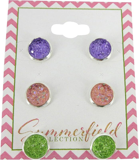 Summerfield Collection Trio Silver-tone Stud Earrings 8mm Faux Druzy Stone Set (Pastel Green/Purple/Pink)
