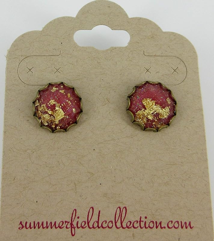 Summerfield Collection Antiqued Gold-tone Faceted Resin Leaf Foil Stud Earrings 12mm (Red)