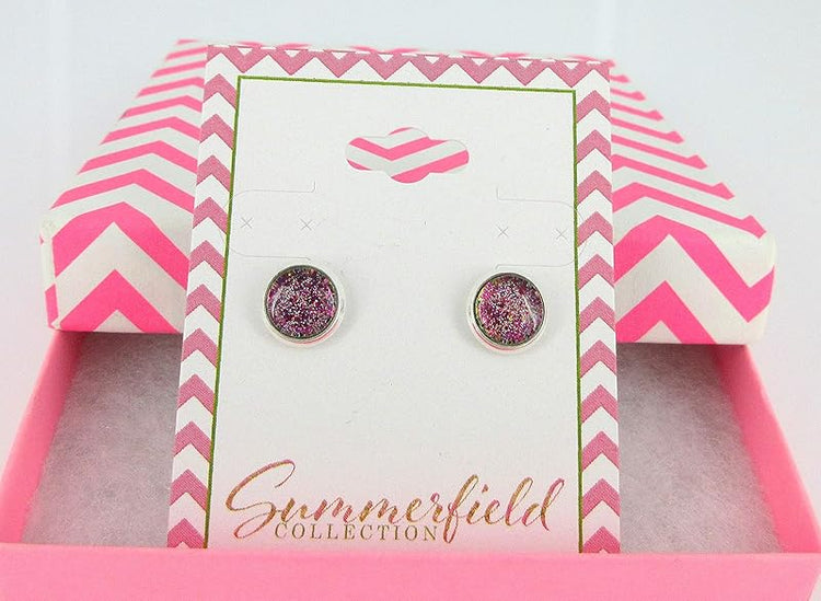Summerfield Collection Silver-tone Pink Green Gold Purple Glitter Glass Stud Earrings Hand-painted 8mm