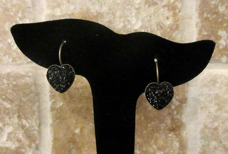 Summerfield Collection Antiqued Gold-tone Black Heart Faux Druzy Stone Lever-back Drop Earrings 12mm