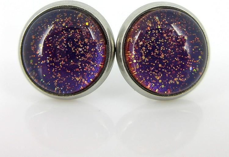 Summerfield Collection Stainless Steel Blue Red Purple and Gold Glitter Glass Stud Earrings Hand-painted 10mm