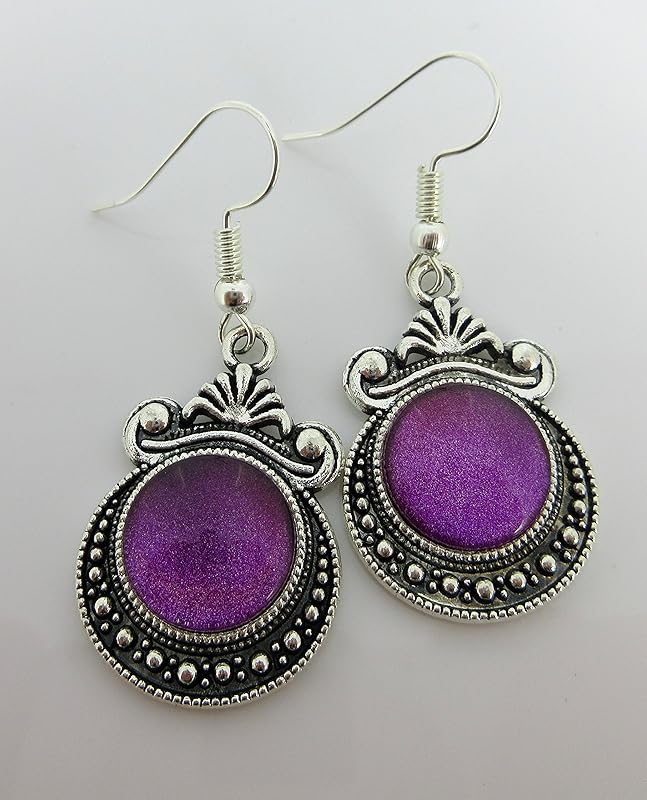 Summerfield Collection Antiqued Silver-tone Metallic Purple Shimmer Glass Dangle Earrings Hand-painted