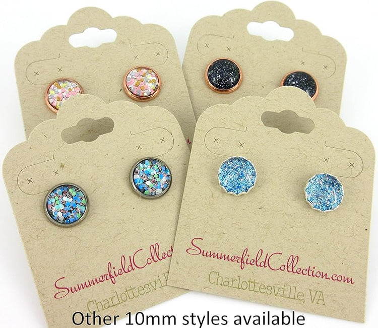 Summerfield Collection Silver-tone Blue Sparkle Glitter Glass Stud Earrings Hand-painted 10mm