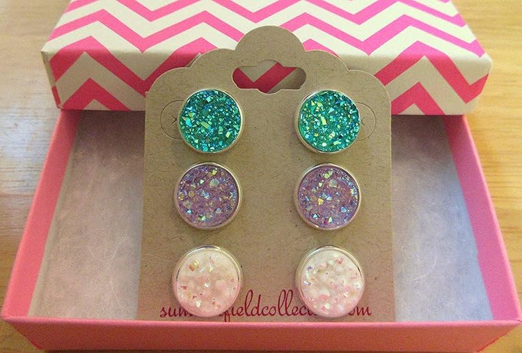 Summerfield Collection Trio Silver-tone Stud Earrings Faux Druzy Stone Sea Blue Lavender AB White Set 12mm