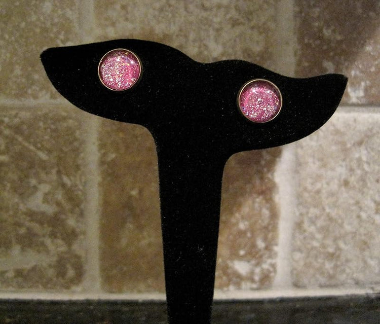 Summerfield Collection Antiqued Gold-tone Plum Berry Purple Glitter Glass Galaxy Stud Earrings 12mm Hand-painted