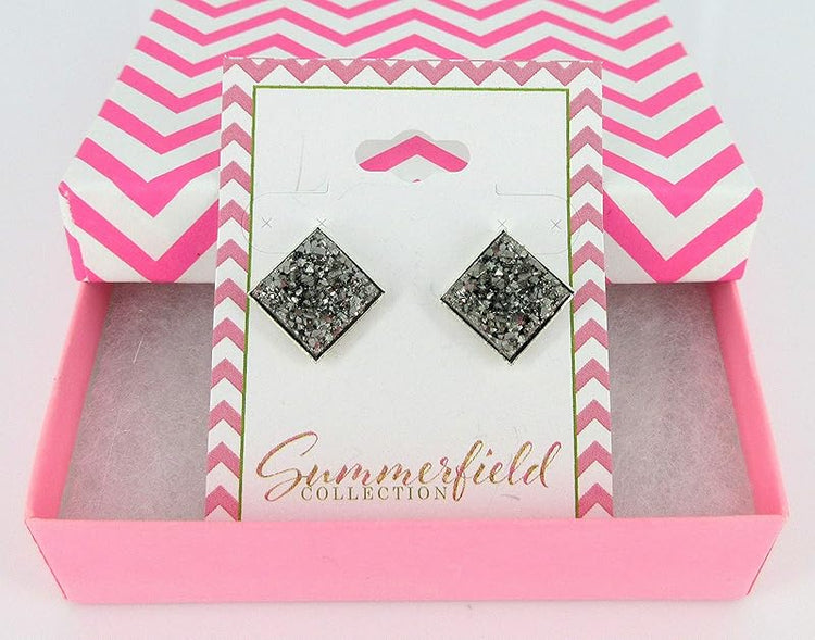 Summerfield Collection Gunmetal Geometric Square Shaped Chunky Faux Druzy Stud Earrings 12mm Statement Hematite-tone