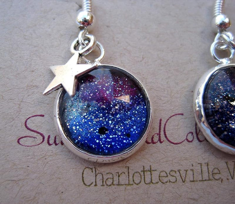Summerfield Collection Silver-tone Glitter Glass Star Charm Galaxy Dangle Earrings Blue Purple Teal Hand-painted