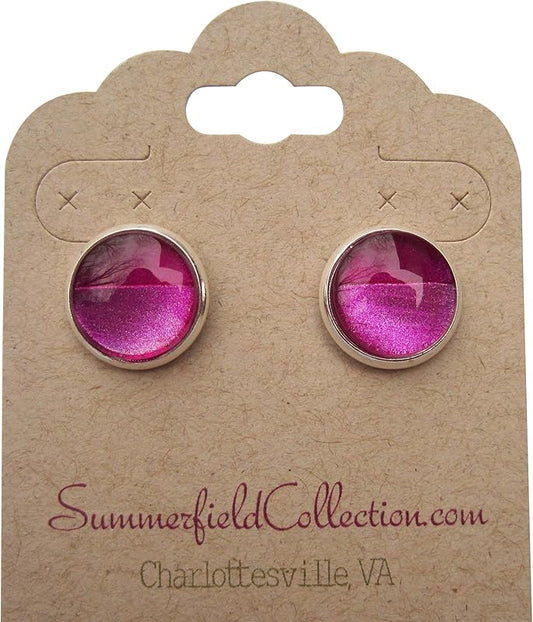 Summerfield Collection Silver-Tone Metallic Fuschia Part Matte Glass Stud Earrings 1/2" Round