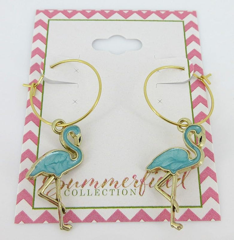 Summerfield Collection Gold Stainless Steel Teal Green Blue Flamingo Charm Hoop Earrings