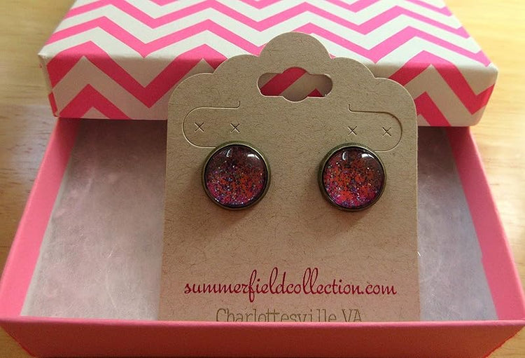 Summerfield Collection Antiqued Gold-tone Hot Pink and Blue Glitter Glass Stud Earrings Hand-painted 12mm