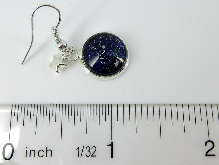 Summerfield Collection Silver-tone Star Gazer Glitter Glass Charm Galaxy Dangle Earrings Hand-painted