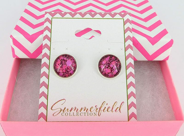 Summerfield Collection Silver-tone Raspberry and Hot Pink Glitter Glass Stud Earrings Hand-painted 12mm
