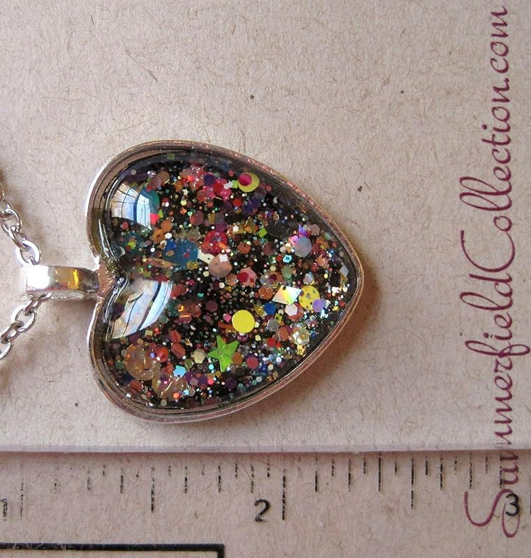 Summerfield Collection Silver-Tone Black and Multi-Color Confetti Glitter Glass Heart Pendant Necklace 20" Chain Stainless