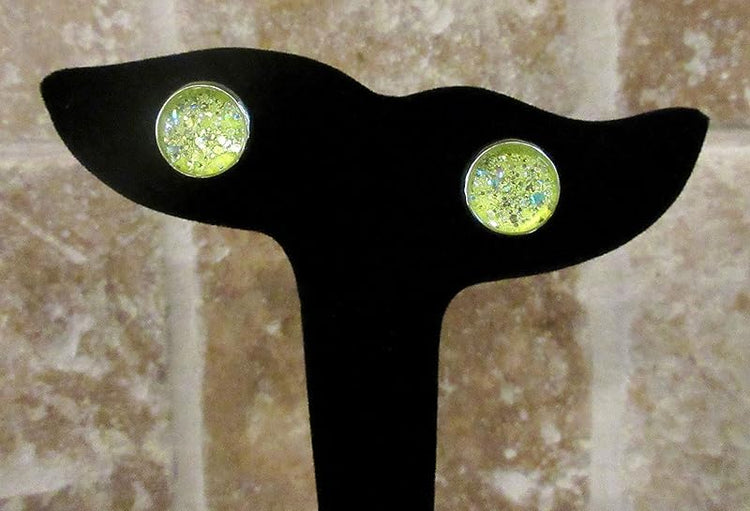 Summerfield Collection Silver-tone Neon Yellow Green Glitter Glass Stud Earrings Hand-painted 12mm