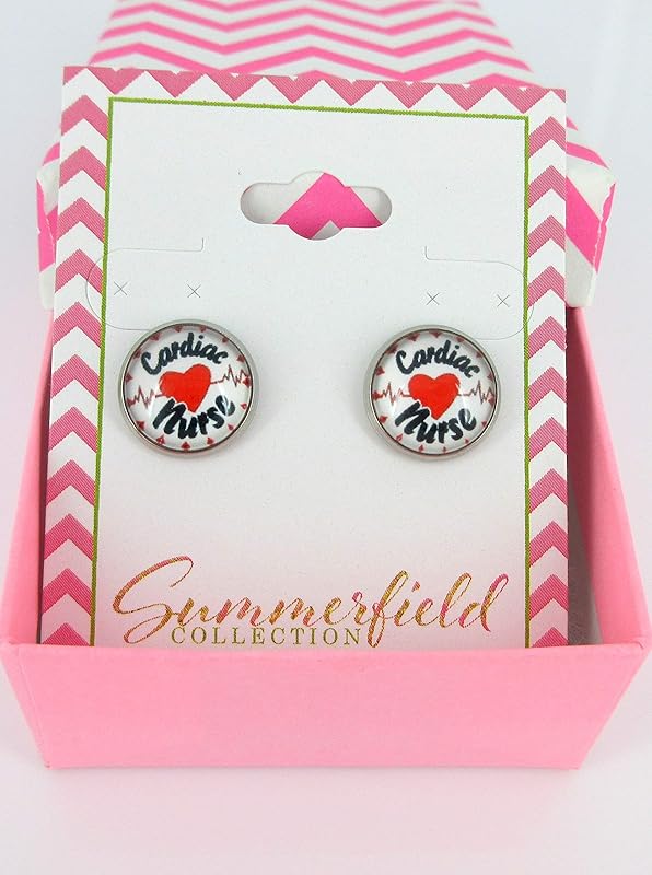 Summerfield Collection Stainless Steel Cardiac Nurse Print Glass Stud Earrings 12mm White Black Red