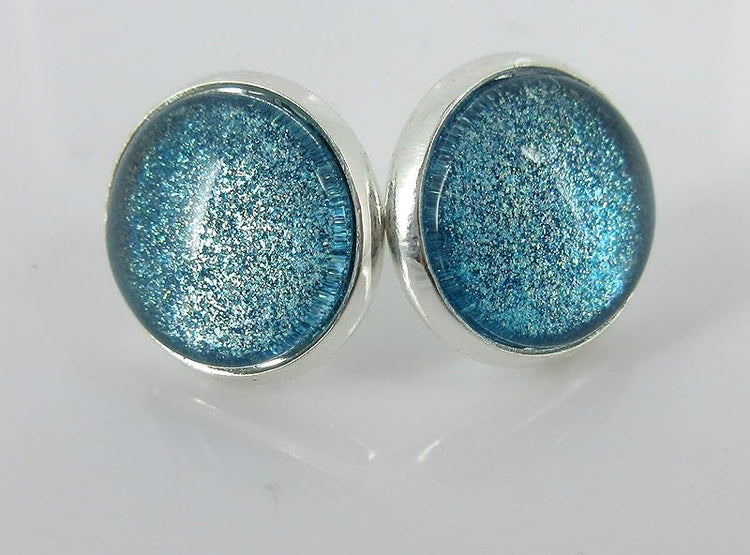 Summerfield Collection Trio Stud Earrings Ocean Blue Glitter Glass Silver Faux Druzy Stone Set 12mm