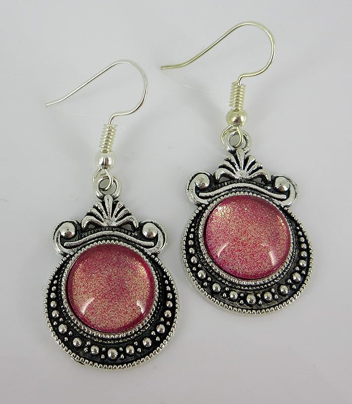 Summerfield Collection Antiqued Silver-tone Pink Shimmer Glitter Glass Dangle Earrings Hand-painted