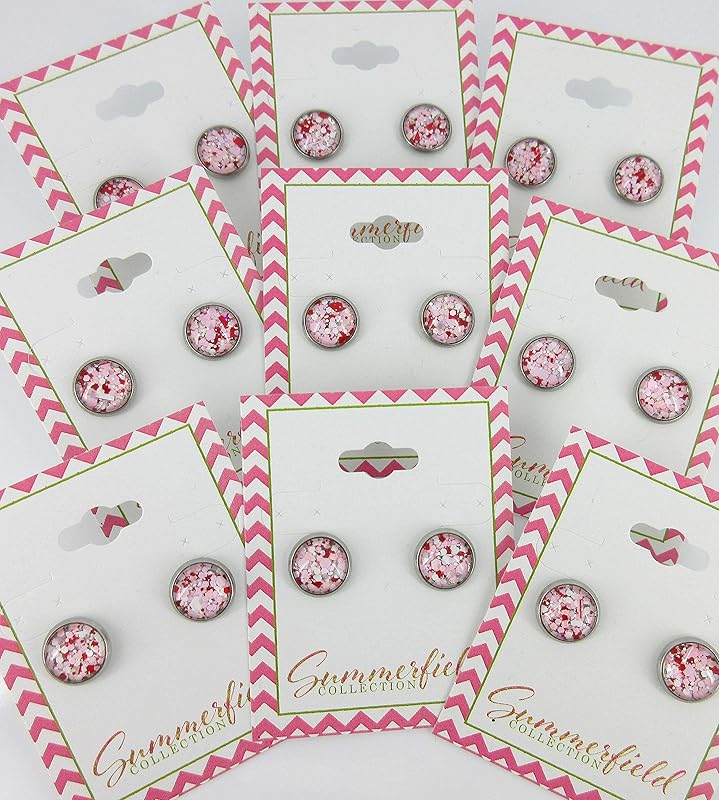 Summerfield Collection Stainless Steel Pink White Red Glitter Glass Stud Earrings Hand-painted 10mm