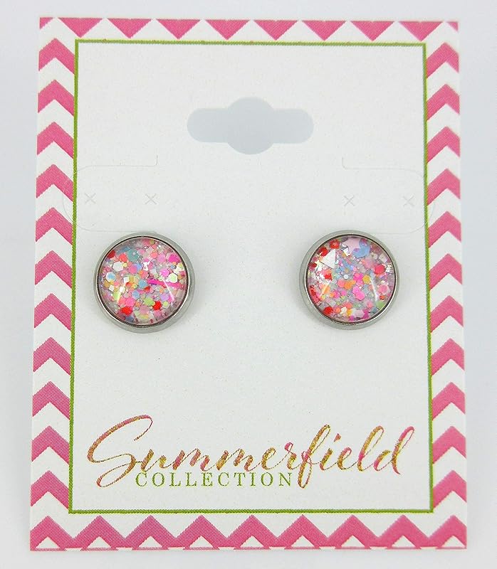 Summerfield Collection Stainless Steel Happy Confetti Glitter Glass Stud Earrings Hand-painted 10mm