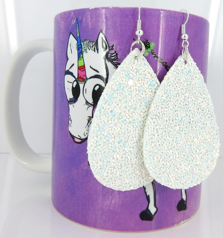 Summerfield Collection Silver-tone Glitter Faux Leather Large Teardrop Dangle Earrings (White w/Pink and Lt Blue)